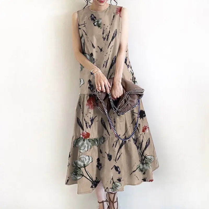 Bohemian Floral Sundress Women O Neck Sleeveless Midi