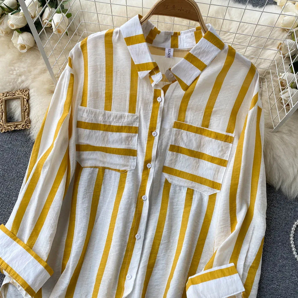 Elegant Medium Length Vertical Stripe Shirt Jacket for Women Casual Loose Fitting Korean Style Blouse