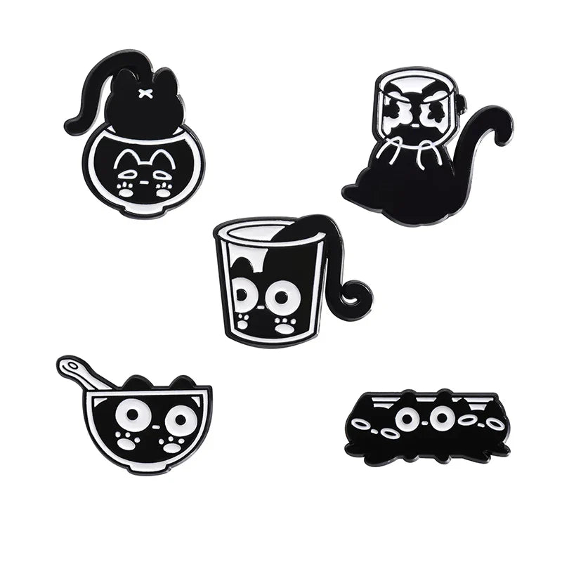 Cute Cat Enamel Pins Set of 4 to 6 Black Fluid Cat Brooches Lapel Badges Unique Animal Jewelry Gift