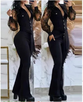 Elegant Autumn Jumpsuit for Women with Tied Detail Turn-Down Collar Long Sleeves Flared Pants Fashion One-Piece Overalls