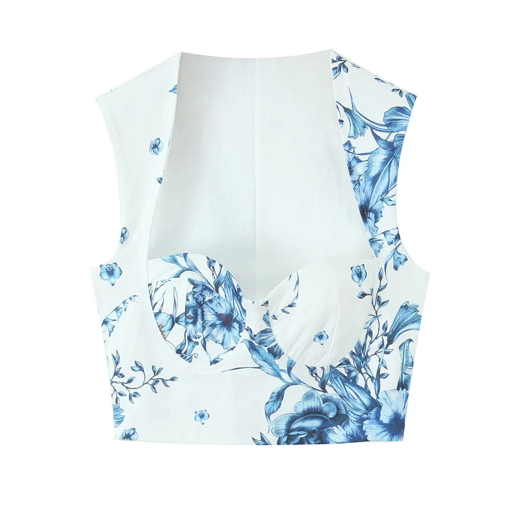 Women's Sleeveless Floral Print Crop Top and Midi Skirt Set in White with Blue Flowers for Chic Summer Style
