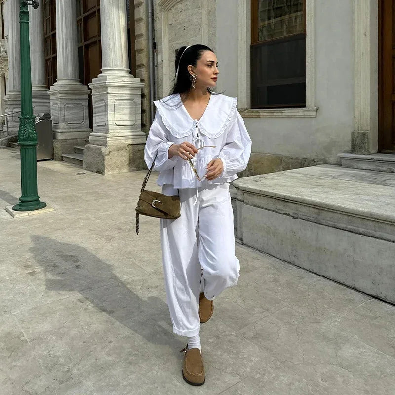 Women's Sweet Solid White Blouse with Front Bow Lace-Up Long Sleeves Elegant Casual Summer Top