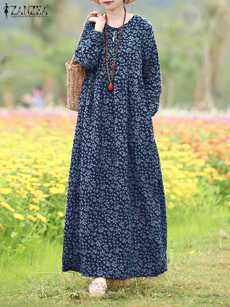 Floral Print Maxi Dress With Long Sleeves O Neck Boho Style
