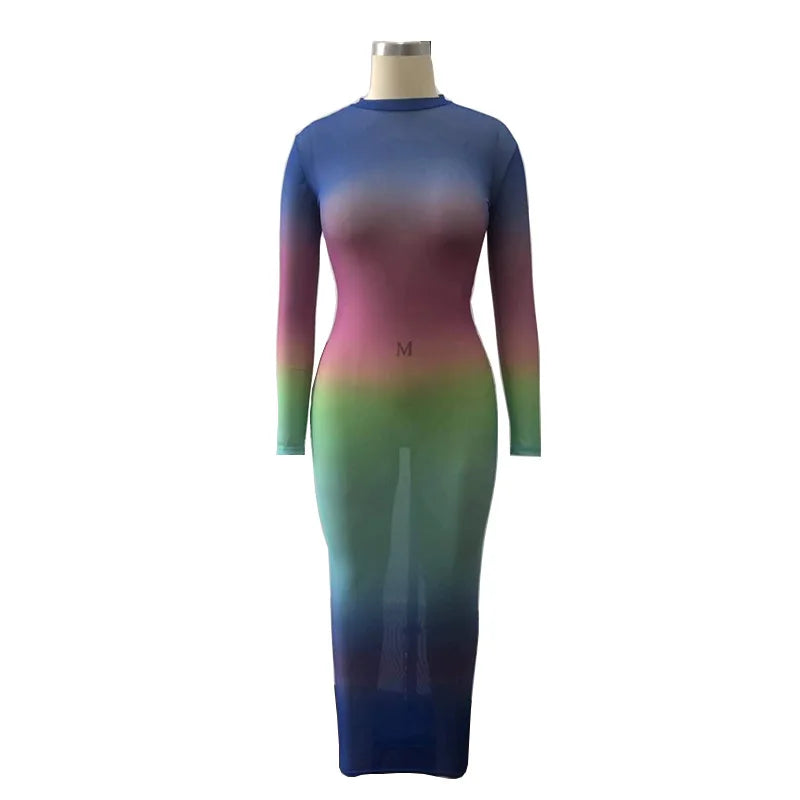 Rainbow Gradient Sheer O Neck Dress For Clubwear Nights