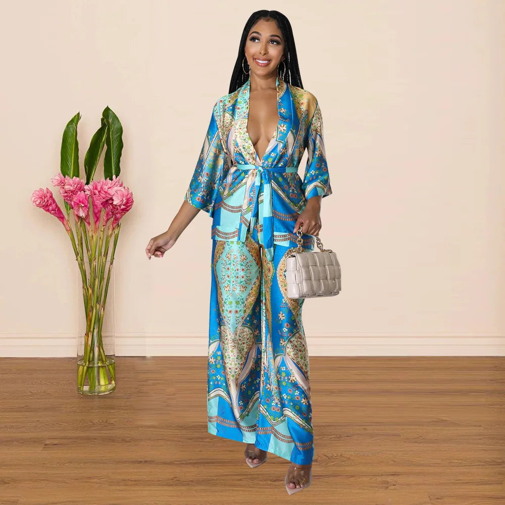 Women's Imitation Silk Printed Two Piece Set with Lace-Up Long Sleeve Top and Wide-Leg Pants for Casual Street Style