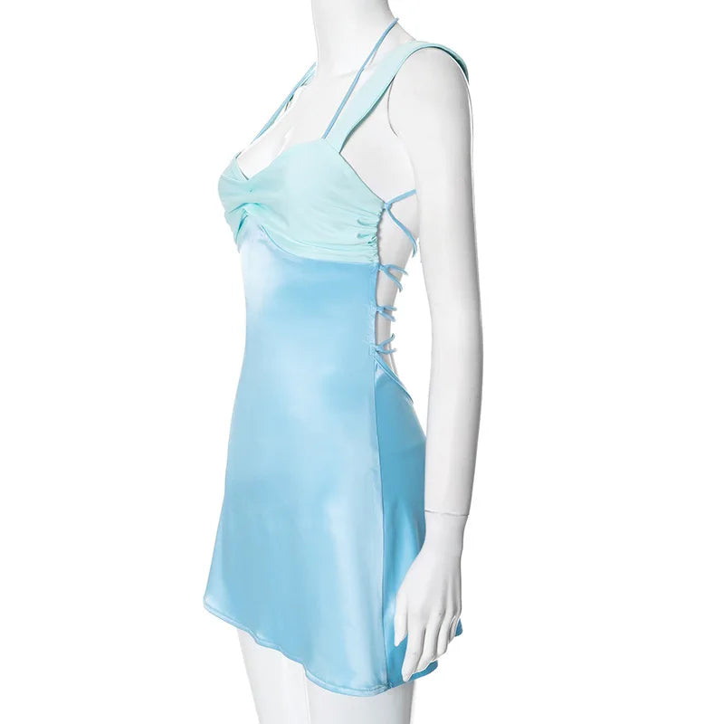 Y2K Style Backless Halter Summer Dress Lace Up Mini Dress