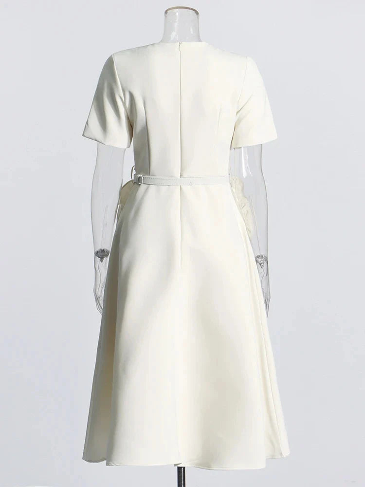 Hollow Out Patchwork Dress For Women V Neck Long Belted