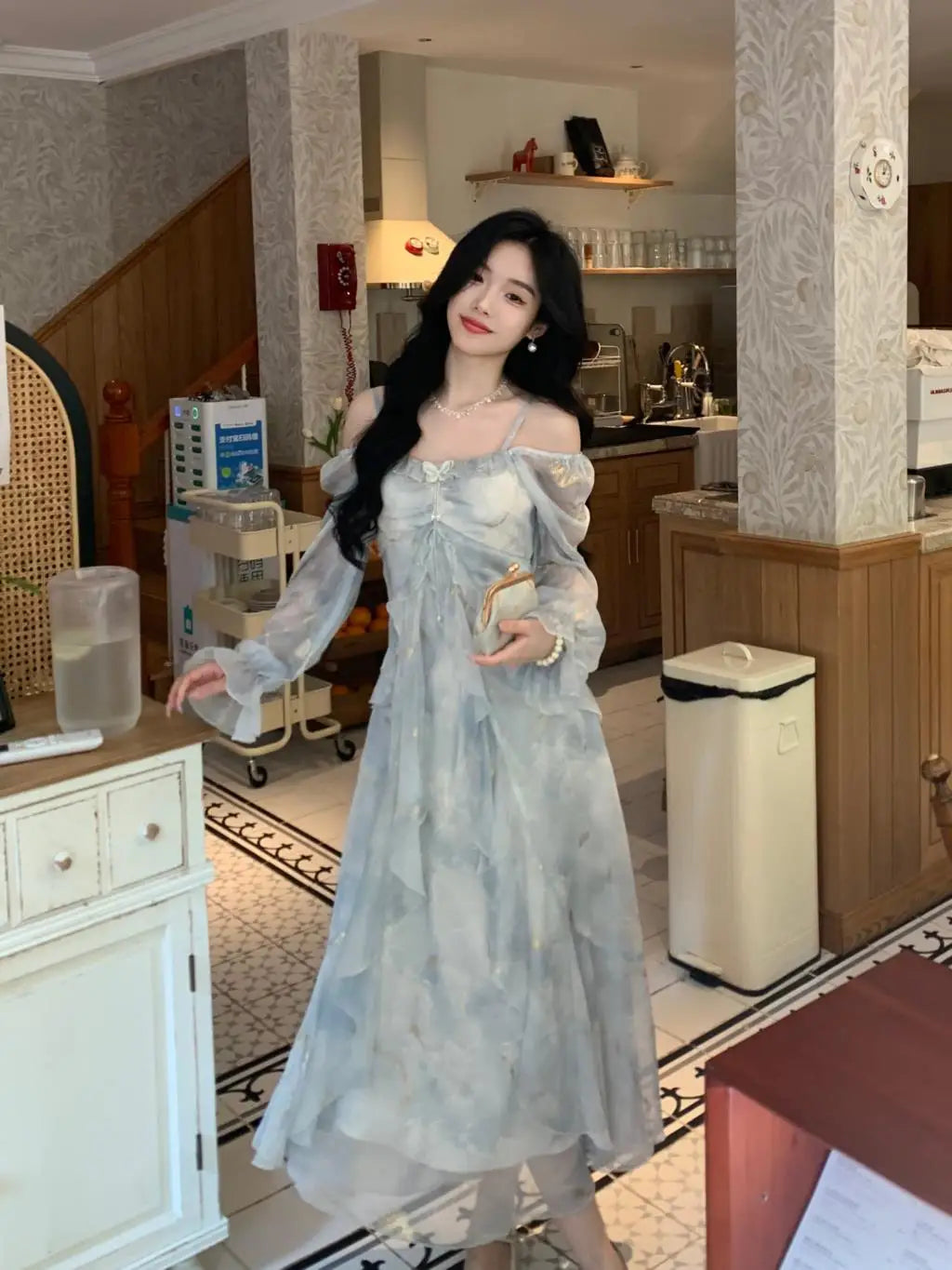 Off Shoulder Dress Ruffle A Line Long French Print