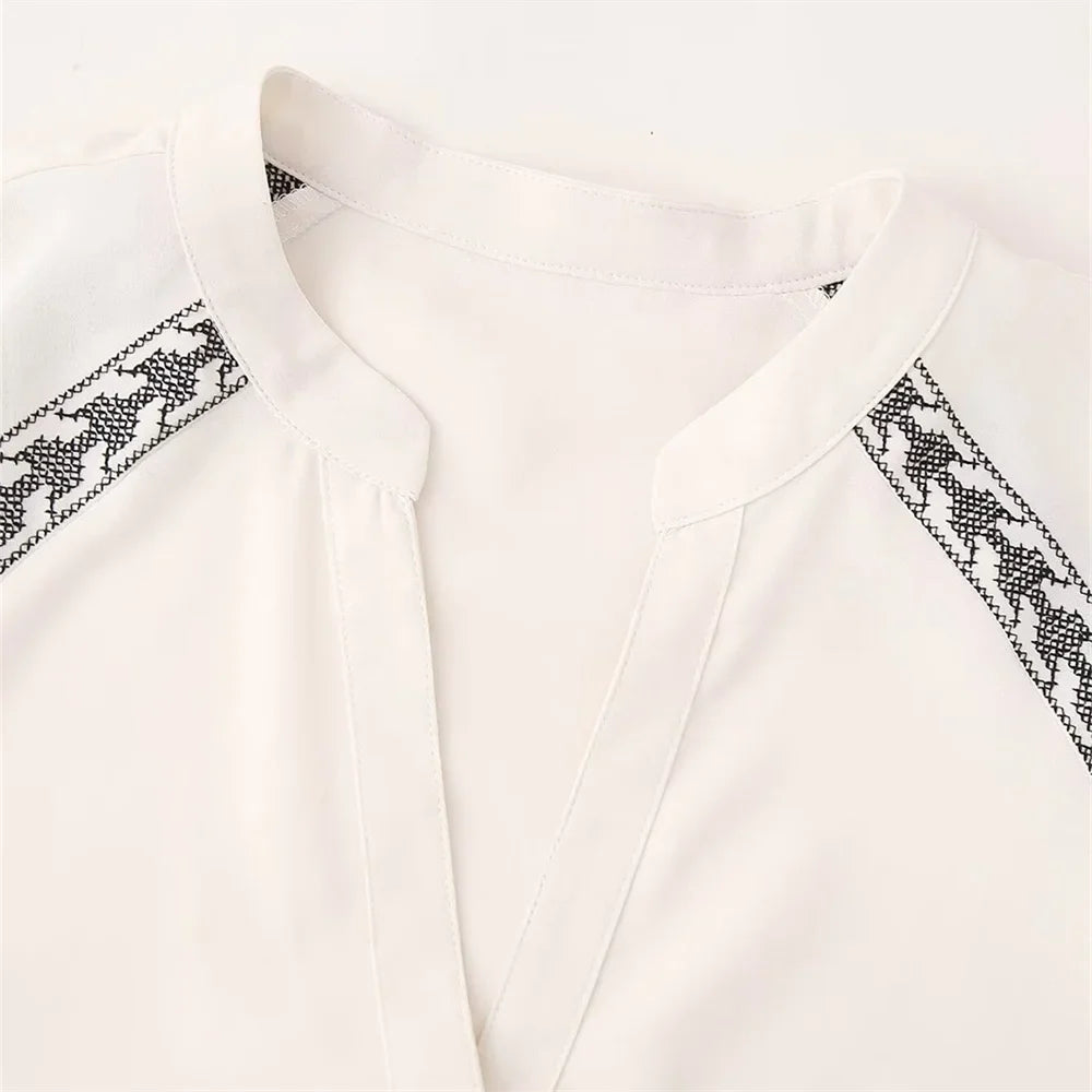 Loose Fit White Embroidered Cover Up Shirt Top for Women with Stylish Contrast Detailing and Versatile Casual Design