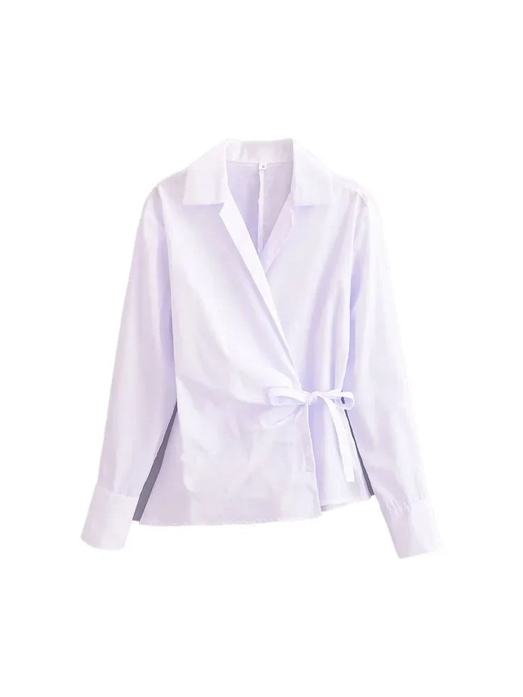 Women's Summer Lapel Poplin Shirt Long Sleeve Slim Fit Bow Tie Wrap Solid Color Blouse