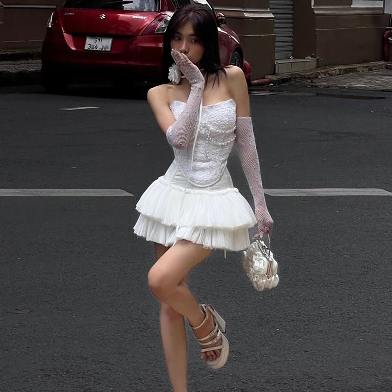 Solid Pearl Embellished Two Piece Set Sleeveless Floral Slim Fit Vest with Pleated Mini Skirt Summer Women's Fashion Ensemble