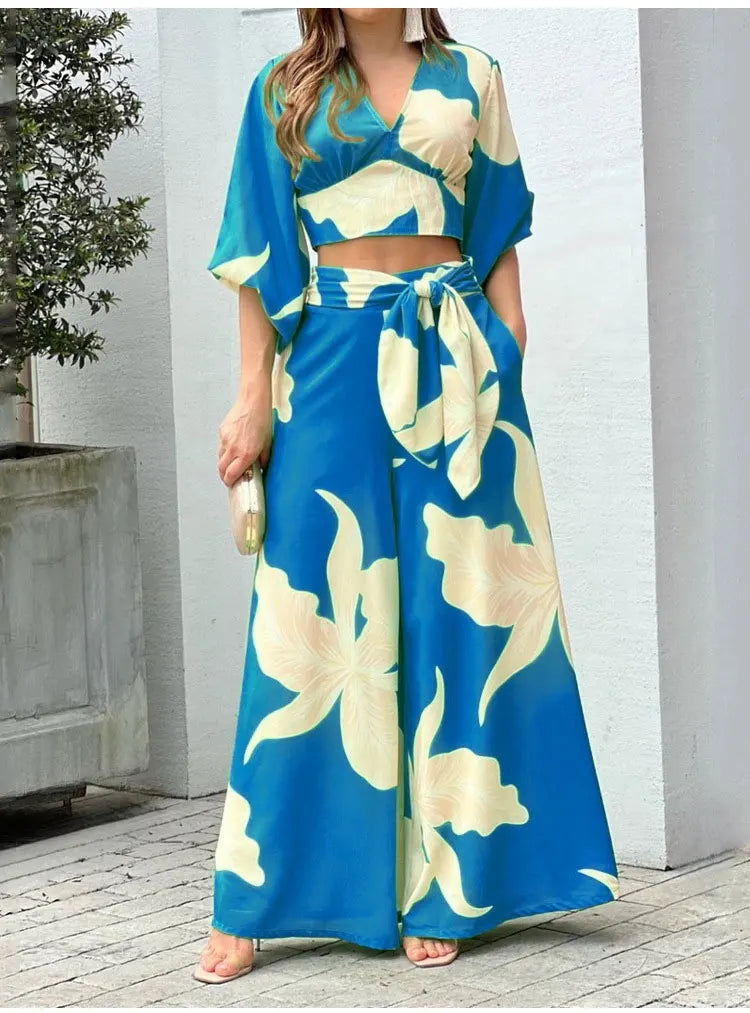 Casual Women's Two Piece Set Featuring V Neck Crop Top and High Waist Wide Leg Pants with Trendy Print for Stylish Autumn Outfits