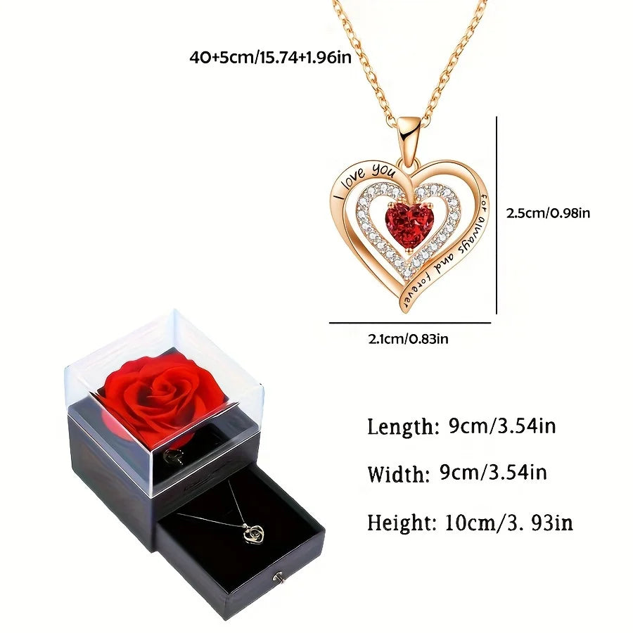 Luxury Red Zircon Pendant Necklace with Rose Flower Gift Box for Girlfriend Romantic Jewelry Gift