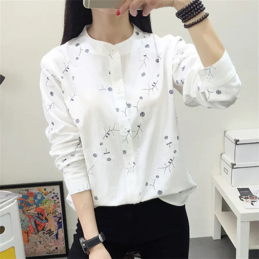 Embroidered Women's Cotton Linen Blouse Casual Long Sleeve Stand Collar Shirt Spring Summer Top