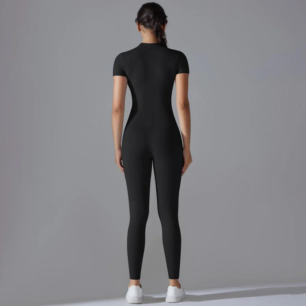 Womens Short Sleeve Yoga Jumpsuit Slim Fit Stretch One Piece Romper with Front Zipper Sexy Fitness Activewear Basic Sportwear in Black