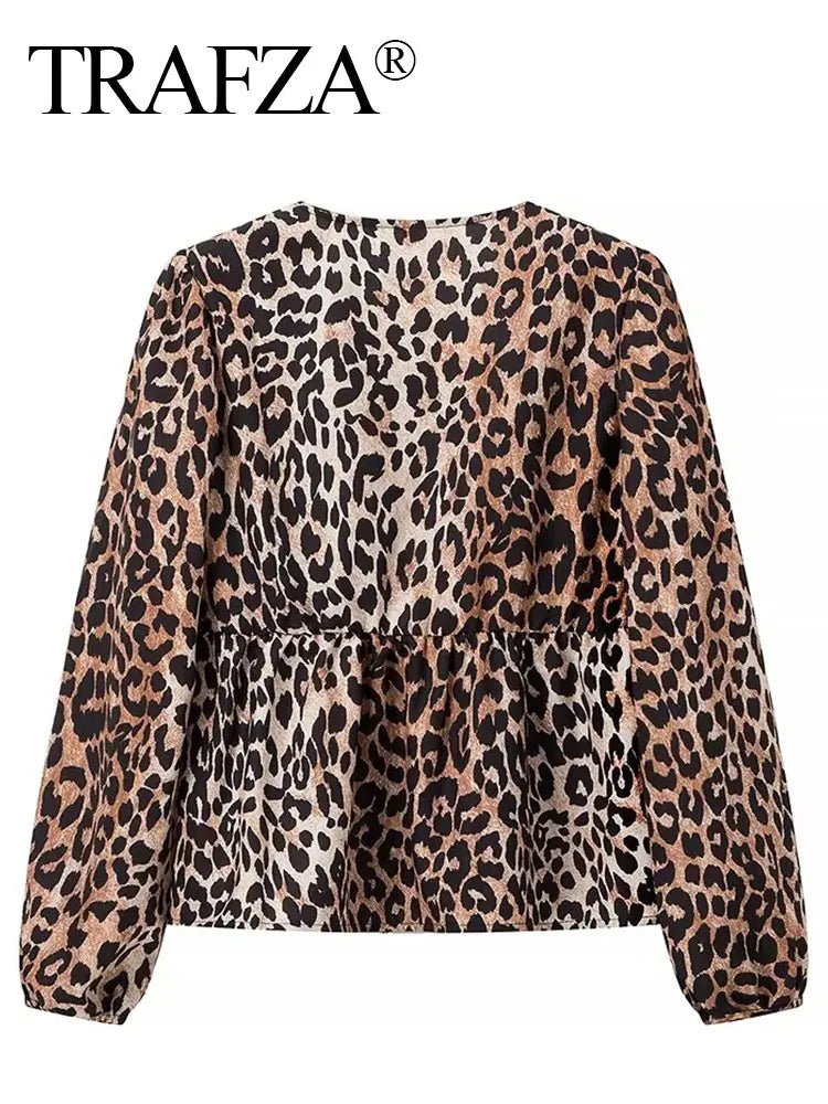 Women's Leopard Print Lace-Up Vintage Blouse Casual Loose Fit Y2K Chic Shirt