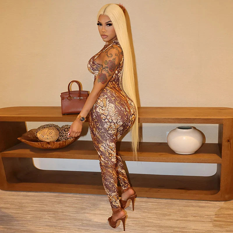 Brown Single Shoulder Long Sleeve Snake Print Jumpsuit for Women with Back Zipper Sexy One Piece Romper