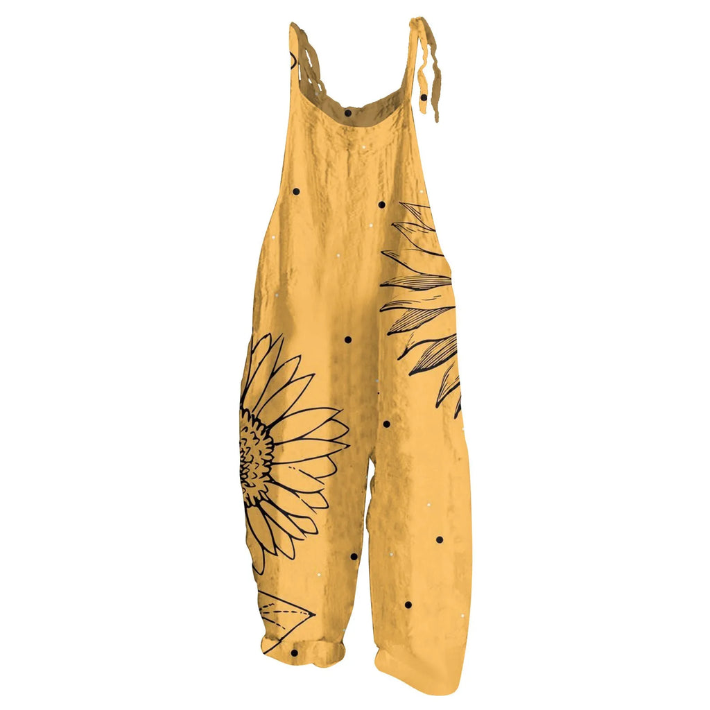 Sunflower Print Slim Fit Cotton Linen Overalls Women Casual Loose Jumpsuit Stylish Romper with Adjustable Shoulder Straps Comfortable Everyday Wear