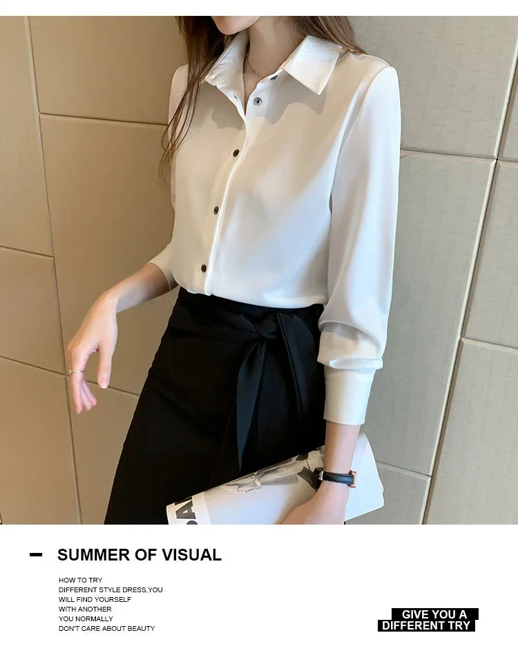 Elegant Satin Long Sleeve Blouse for Women Casual Office Shirt Solid White Basic Top