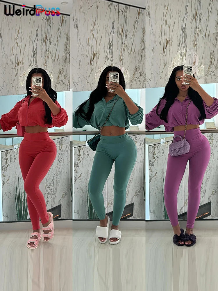 Weird Puss Tracksuit Women 2 Piece Set Casual Zip Thin Drawstring Crop Jacket and Leggings Matching Sporty Suit