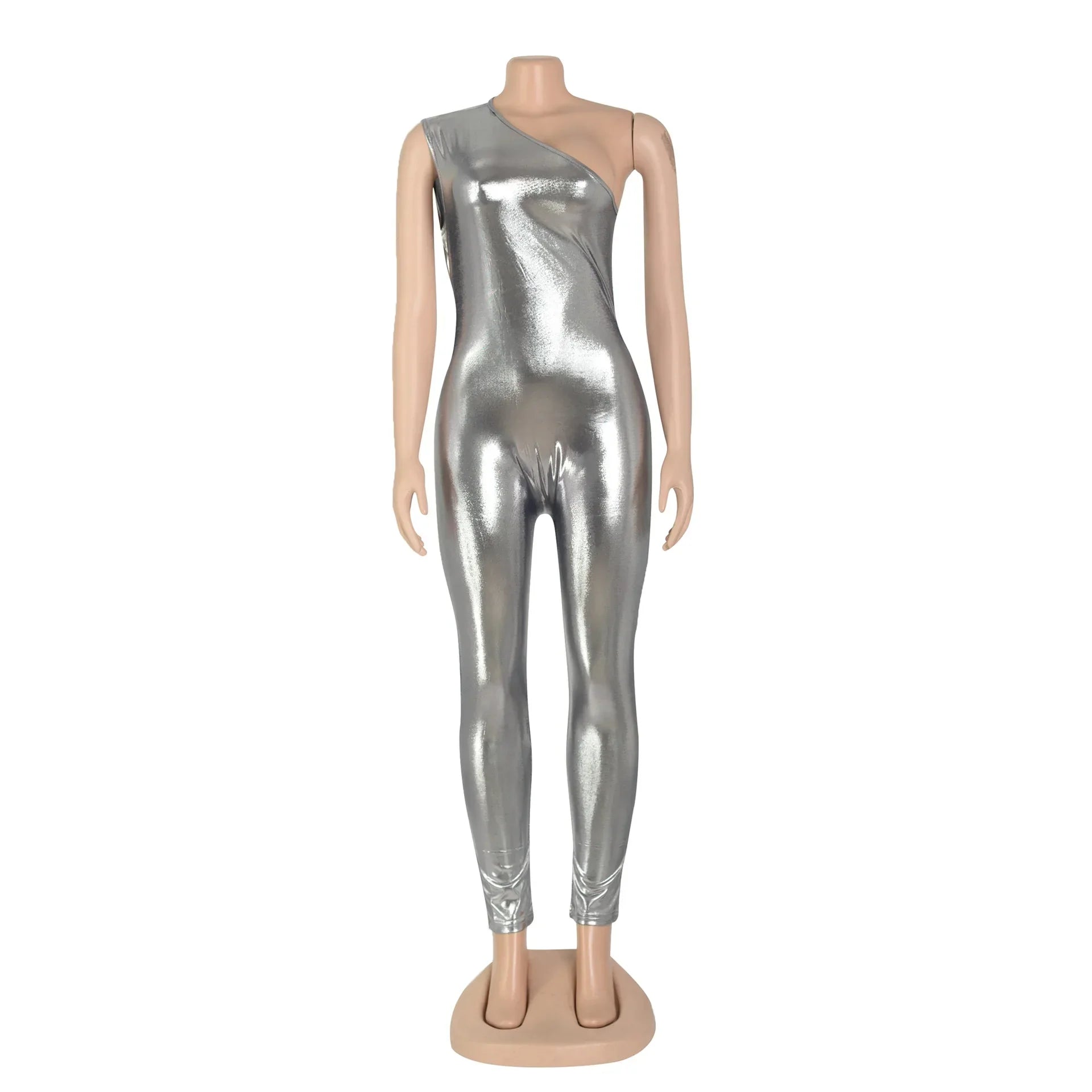Elegant Shiny Metallic One Shoulder Sleeveless Jumpsuit Romper for Women Party Night Club Outfit