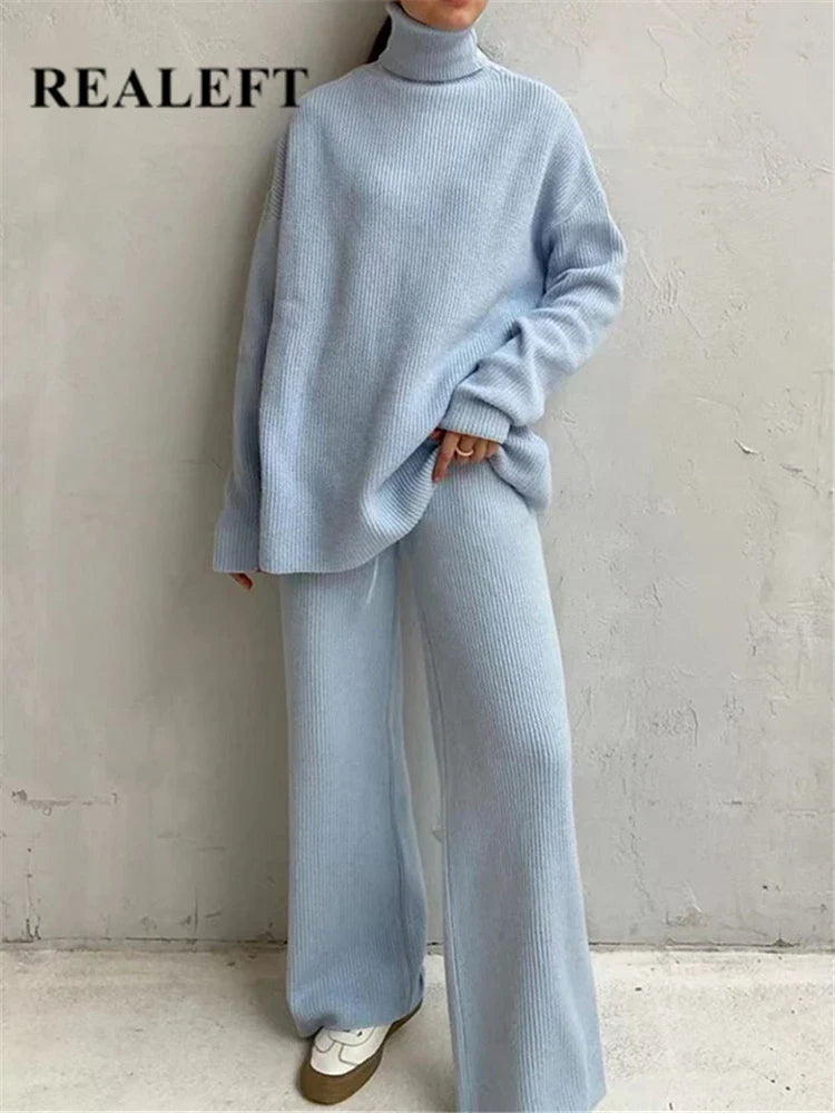 2 Pieces Women Knitted Tracksuit Set with Turtleneck Sweater and Wide Leg Jogger Pants Pullover Lounge Outfit