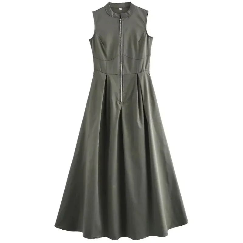 Sleeveless Pleated Maxi Dress With Zip Front And High Waist