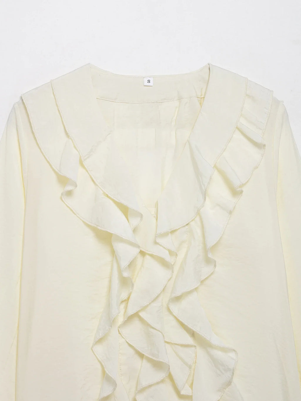 Women's Ruffled V-Neck Blouse with Flounce Long Sleeves Elegant Solid Color Chic Shirt