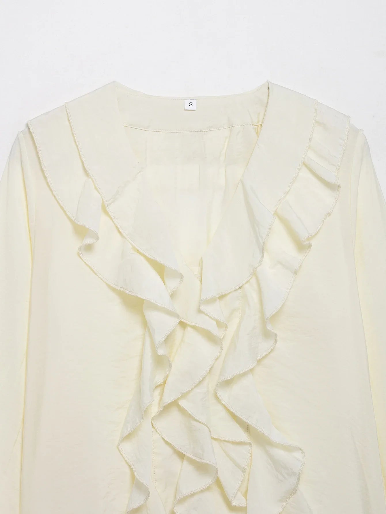 Women's Ruffled V-Neck Blouse with Flounce Long Sleeves Elegant Solid Color Chic Shirt