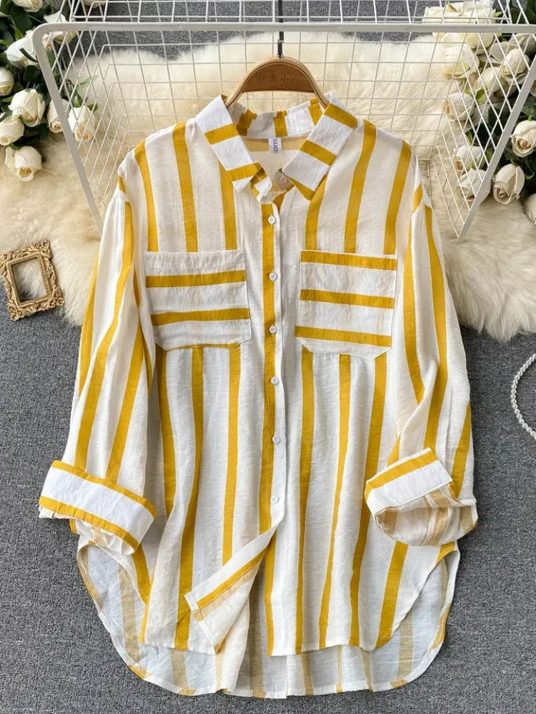 Elegant Medium Length Vertical Stripe Shirt Jacket for Women Casual Loose Fitting Korean Style Blouse