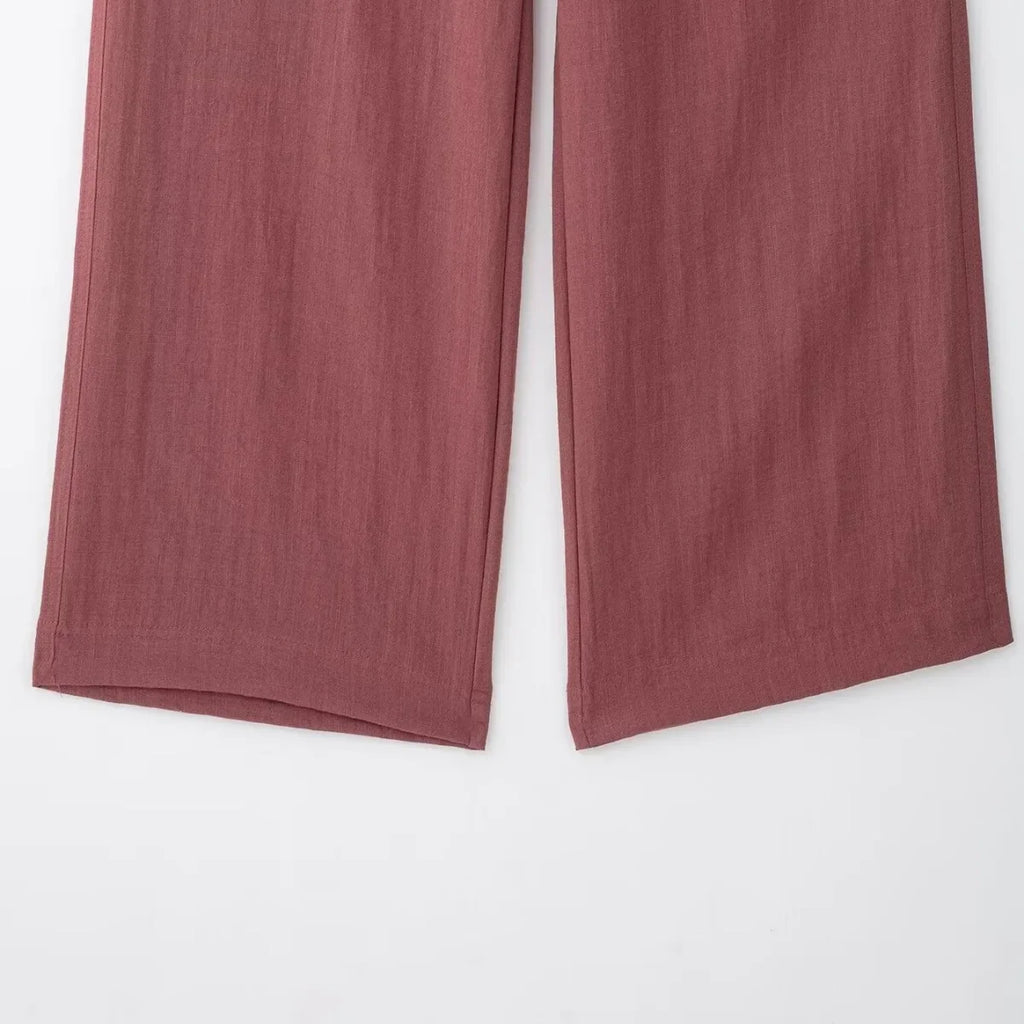 Women's V-Neck Long-Sleeve Side Tie Kimono Top and Elastic Waist Trousers Casual Chic Suit