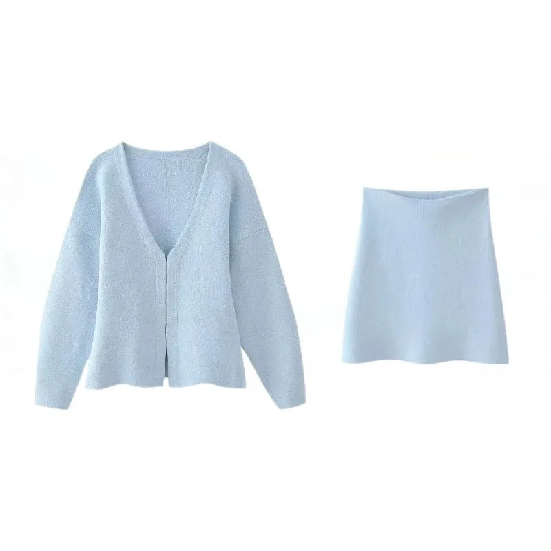 Women's Knit Tailored Cardigan and Skirt Set V-Neck Long Sleeve Jacket with High Waist Elastic A-Line Mini Skirt Stylish Two-Piece Outfit