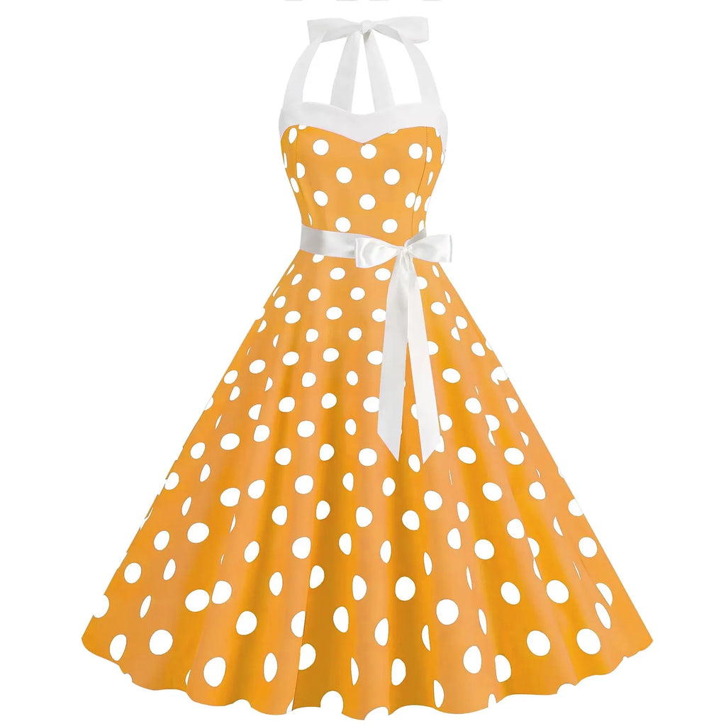 Retro Polka Dot Backless Dress With Lace Up Neckline Swing