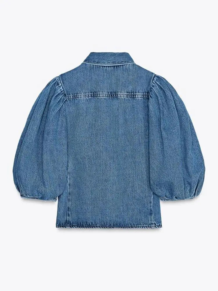 Street Denim Women's Puff Sleeve Shirt Solid Color Single Breasted Pleated Blouse Casual Half Sleeve Top for Spring and Summer