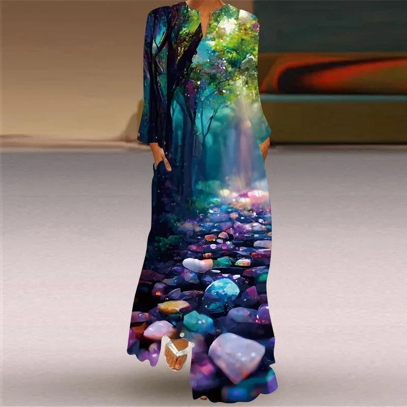 V Neck Long Sleeve Printed Dress With Pocket For Women