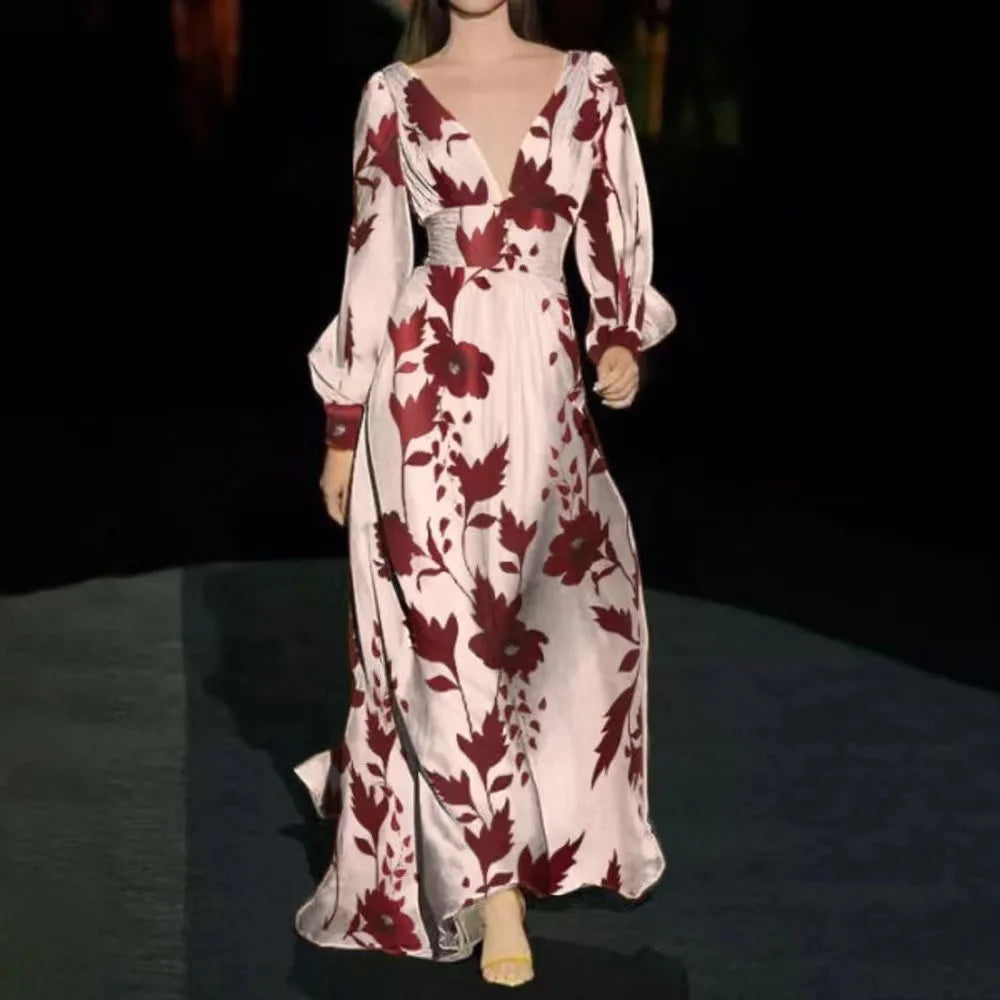 Printed Womens V Neck Lantern Sleeve Long Evening Dress