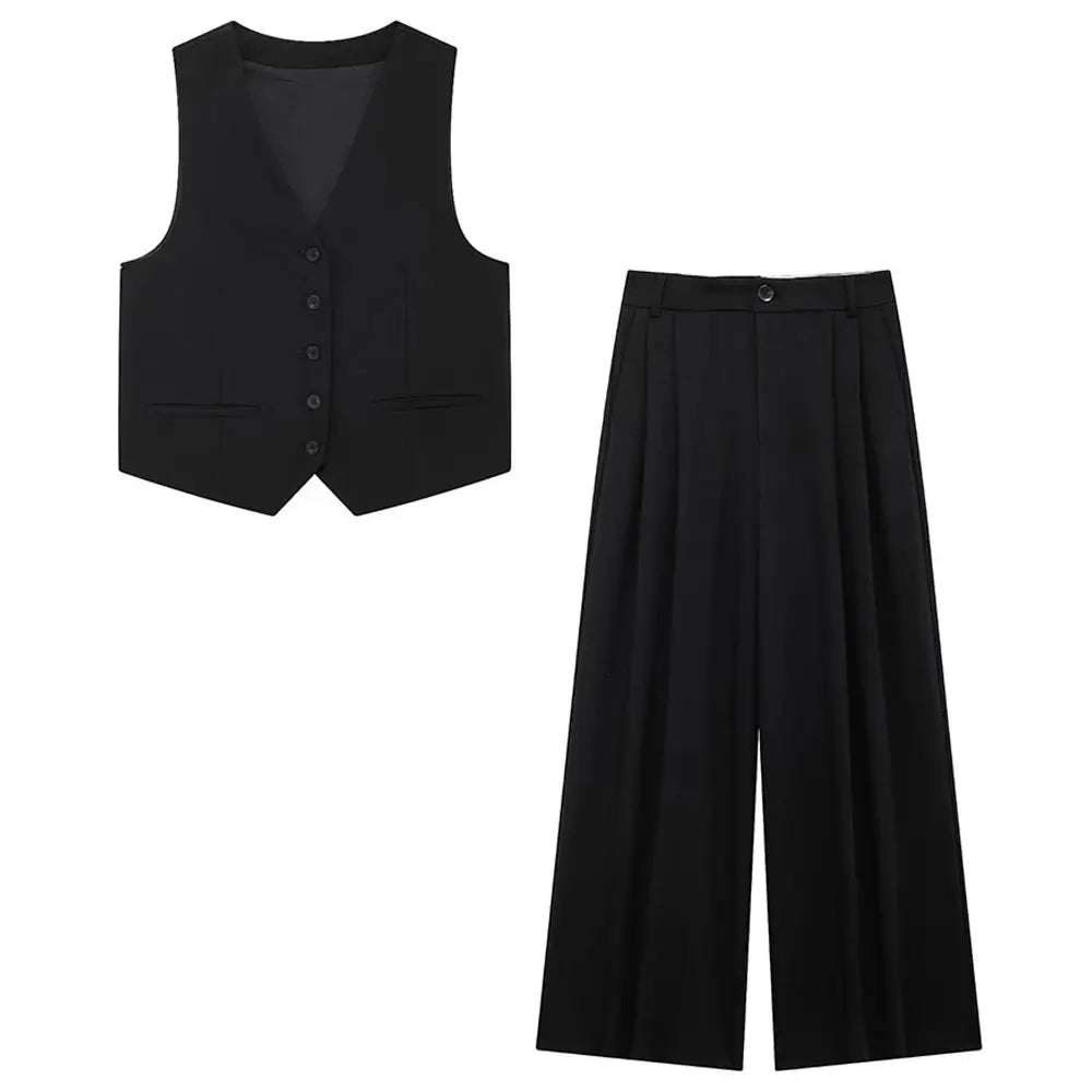 Women Solid Pant Sets with Adjustable Back Strap and V-Neck Vest High Waist Trousers Fashion Outfit