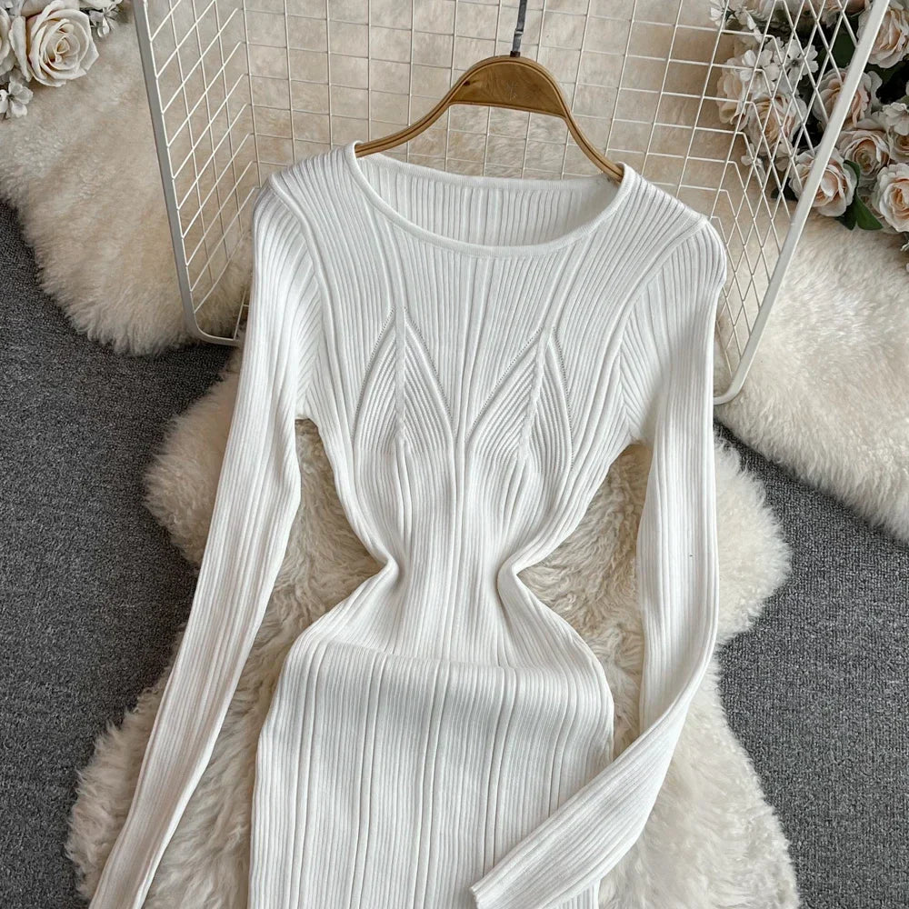 Long Sleeve Knitted Bodycon Dress For Women Autumn Retro