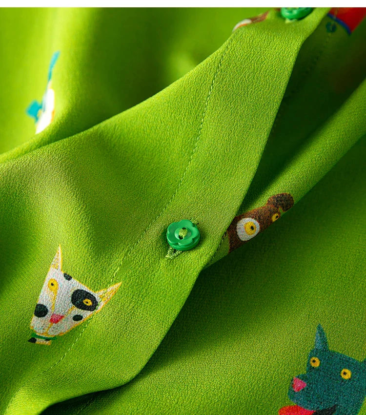 Women Shirt 100 Percent Mulberry Crepe Silk Green Lantern Sleeve Blouse with Cartoon Button Detail