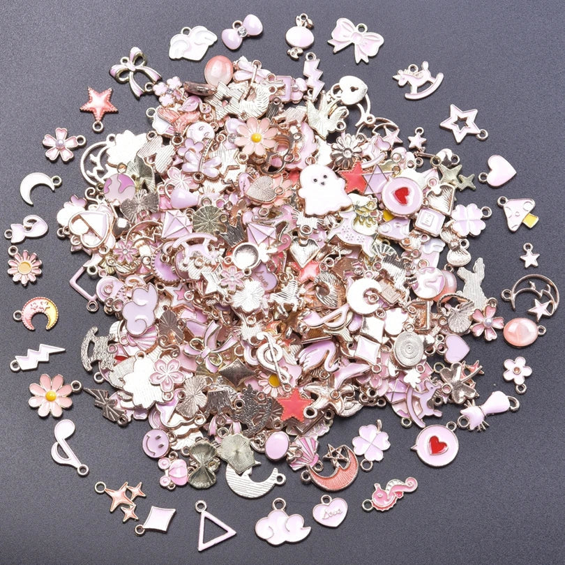 50 Pieces Mixed Style Pink Drip Oil Charms Animal Heart Flower Moon Pendants for DIY Jewelry Making