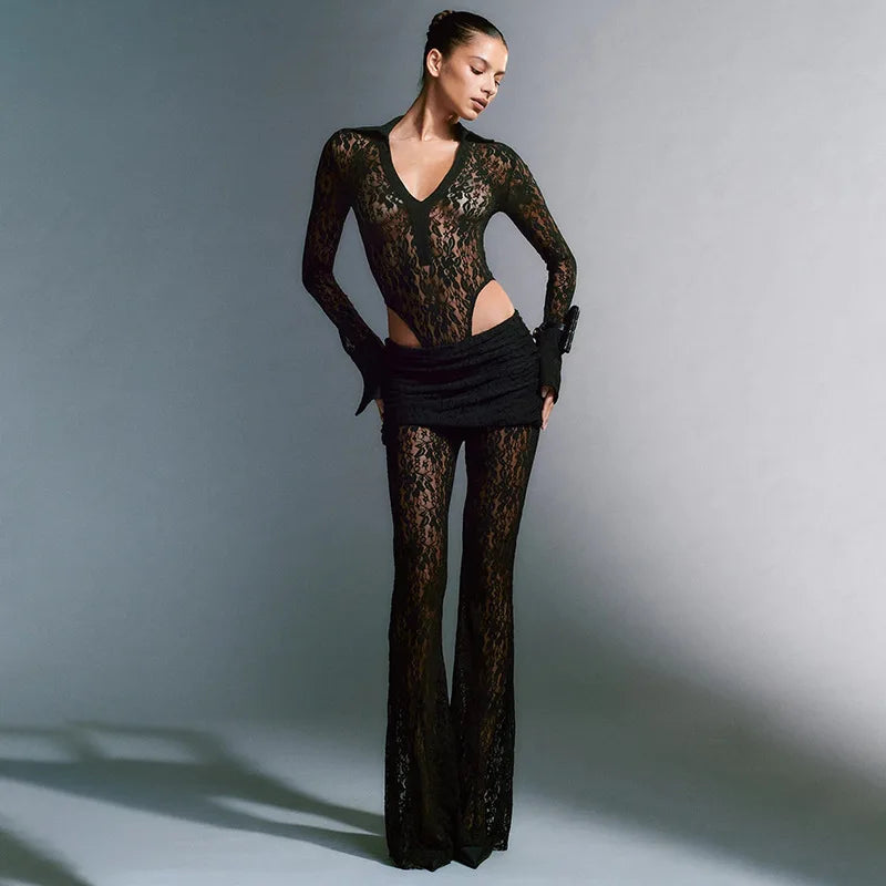 Sexy Lace Patchwork Deep V Long Sleeved Top and Slim Fit High Waisted Flared Pants Women's Set