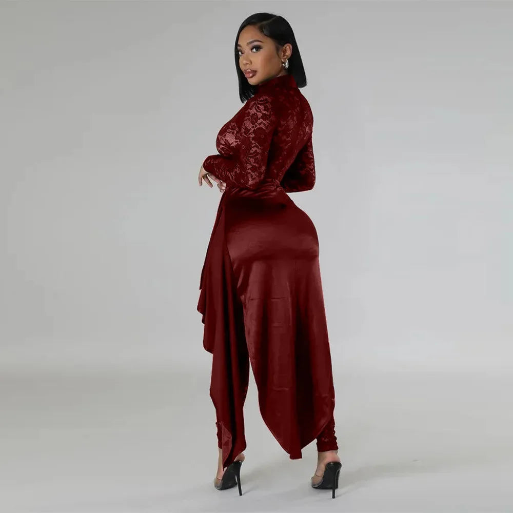 Sexy Sheer Floral Lace Jumpsuit with Overlay Skirt Stretchy Skinny One Piece Romper for Nightclub Party Women Clubwear