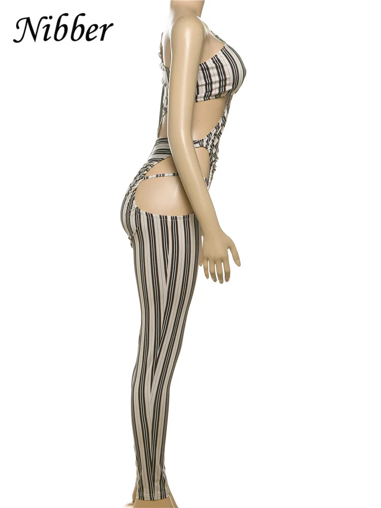 Sexy Hollow Ruched Jumpsuit for Women Irregular Hipster Stripe Print Full Sleeve Midnight Fit Workout Overalls