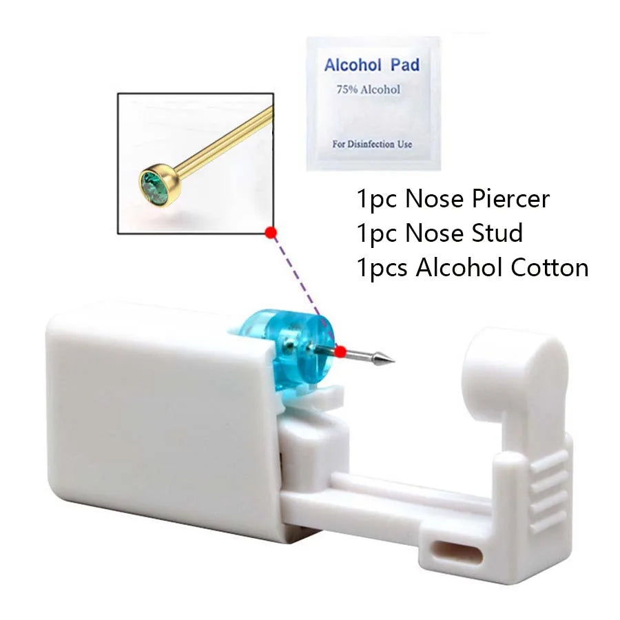 Disposable Nose Piercing Gun Kit with Built-In Crystal Nose Stud for Easy Piercing