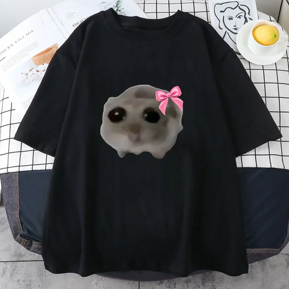 Sad Hamster Cartoon Graphic T-Shirt Pink Summer Comfortable Short Sleeve Tee for Men and Women
