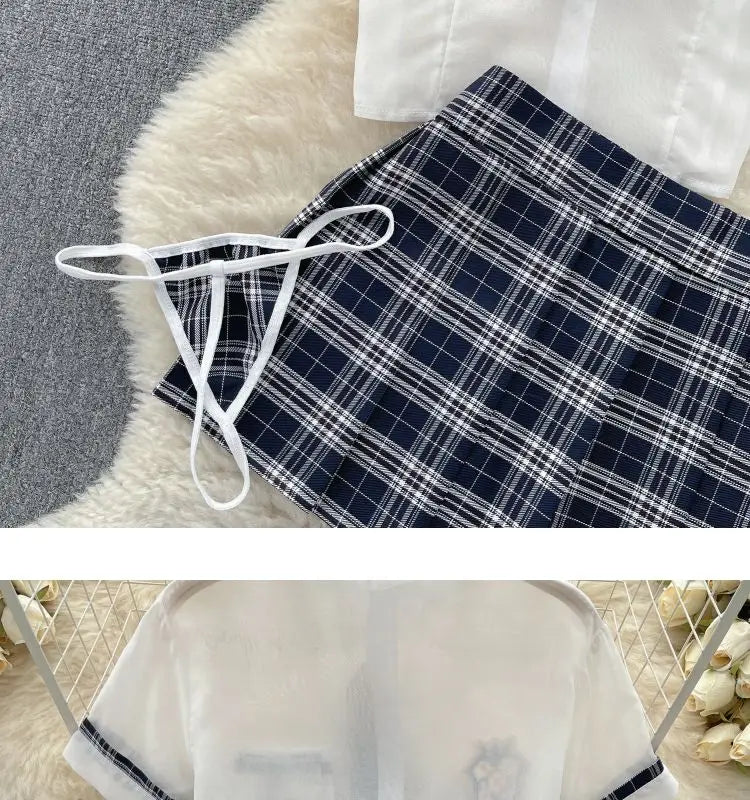 Sexy Preppy Style JK Set for Women Polo Neck See-Through Crop Top Plaid Pleated Short Skirt Student Cosplay Outfit