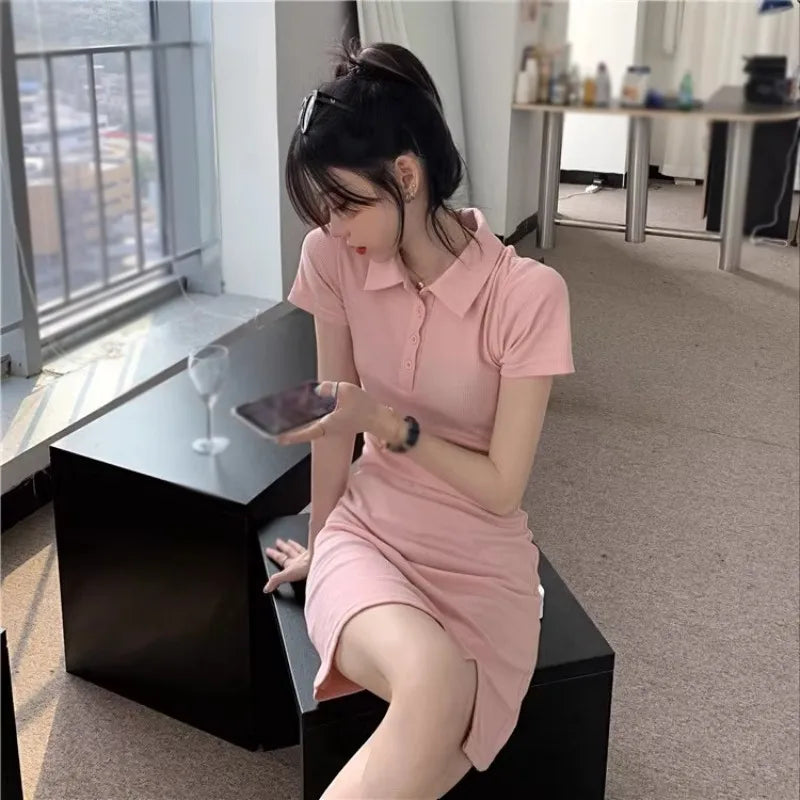 Women Summer Dress Short Sleeve Mini Turn Down Collar