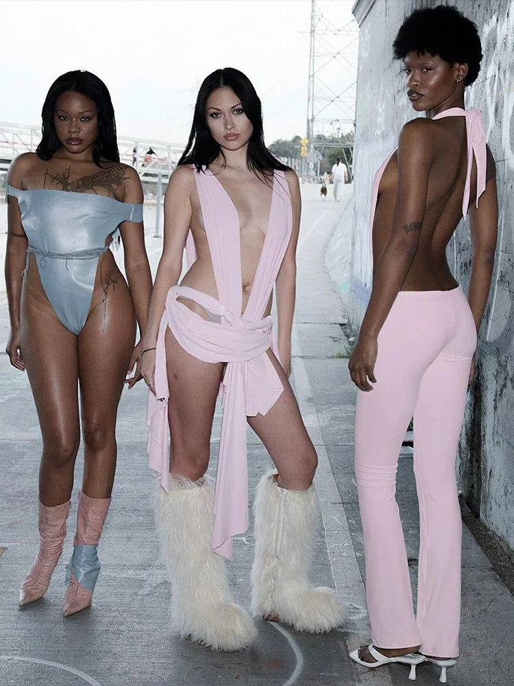 Backless Irregular Hollow Bandage Jumpsuit for Women Deep V-Neck Halter Skinny Stretch Sexy Hipster Streetwear