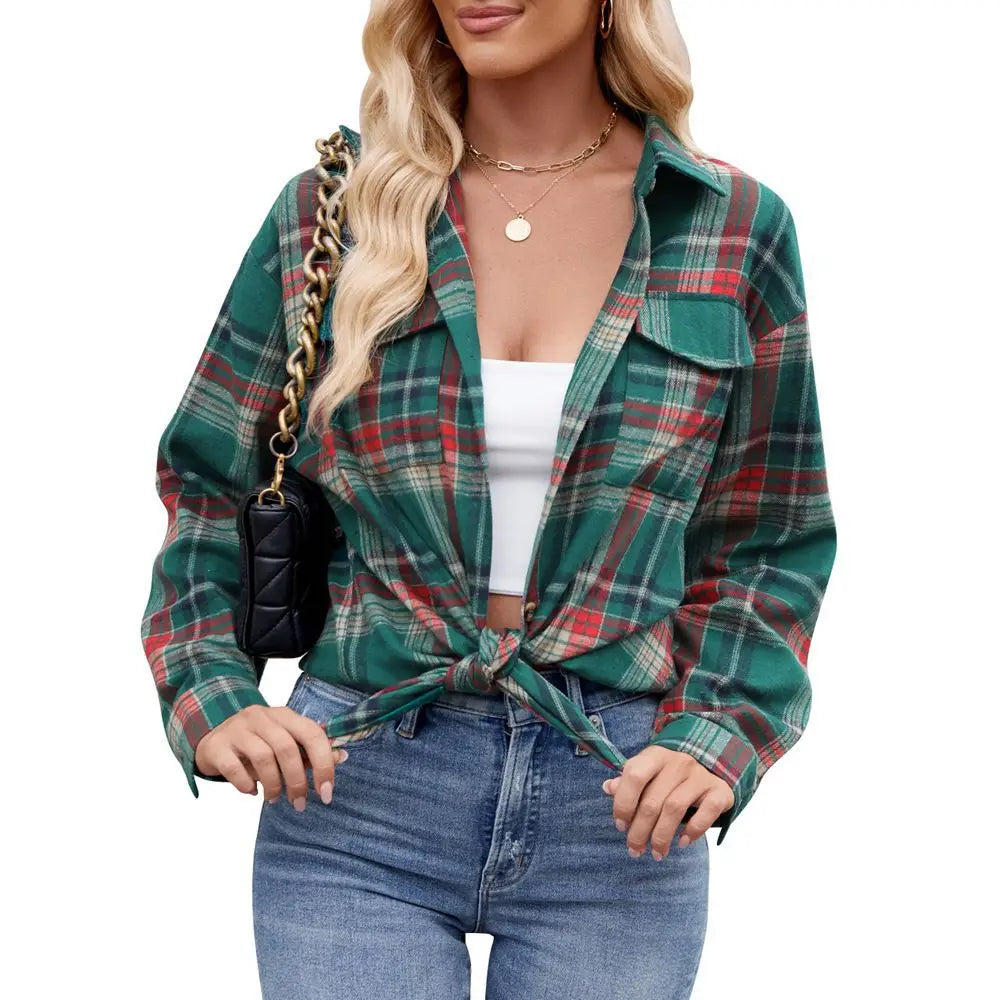 Women Plaid Button Up Shirt Loose Fit Warm Long Sleeve Casual Blouse with Pockets Autumn Winter Checkered Top Preppy Y2K Harajuku Style