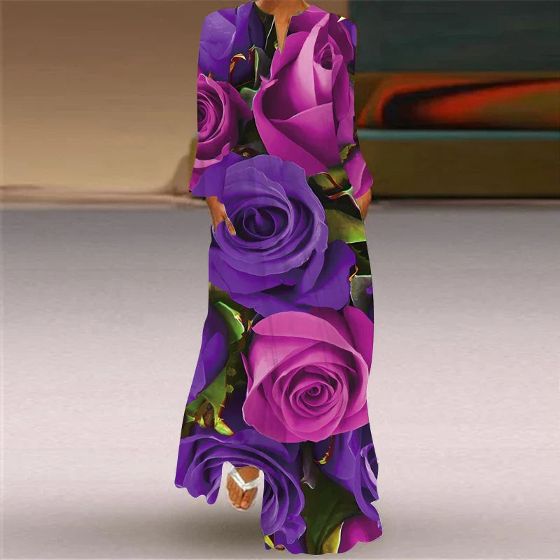 Printed V Neck Long Sleeve Dress With Large Pockets